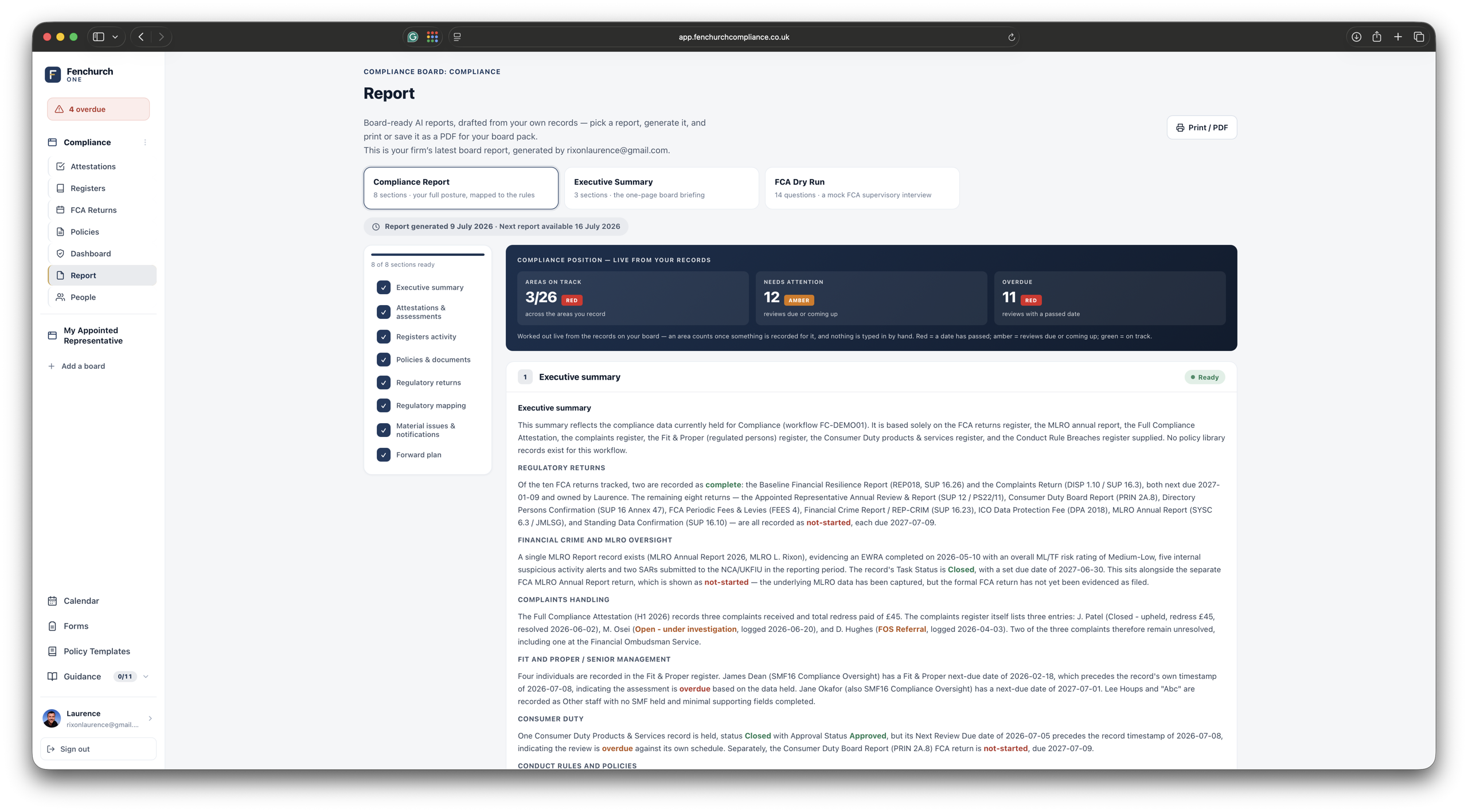 Board-ready AI report drafted from the firm's own records, mapped to the rules