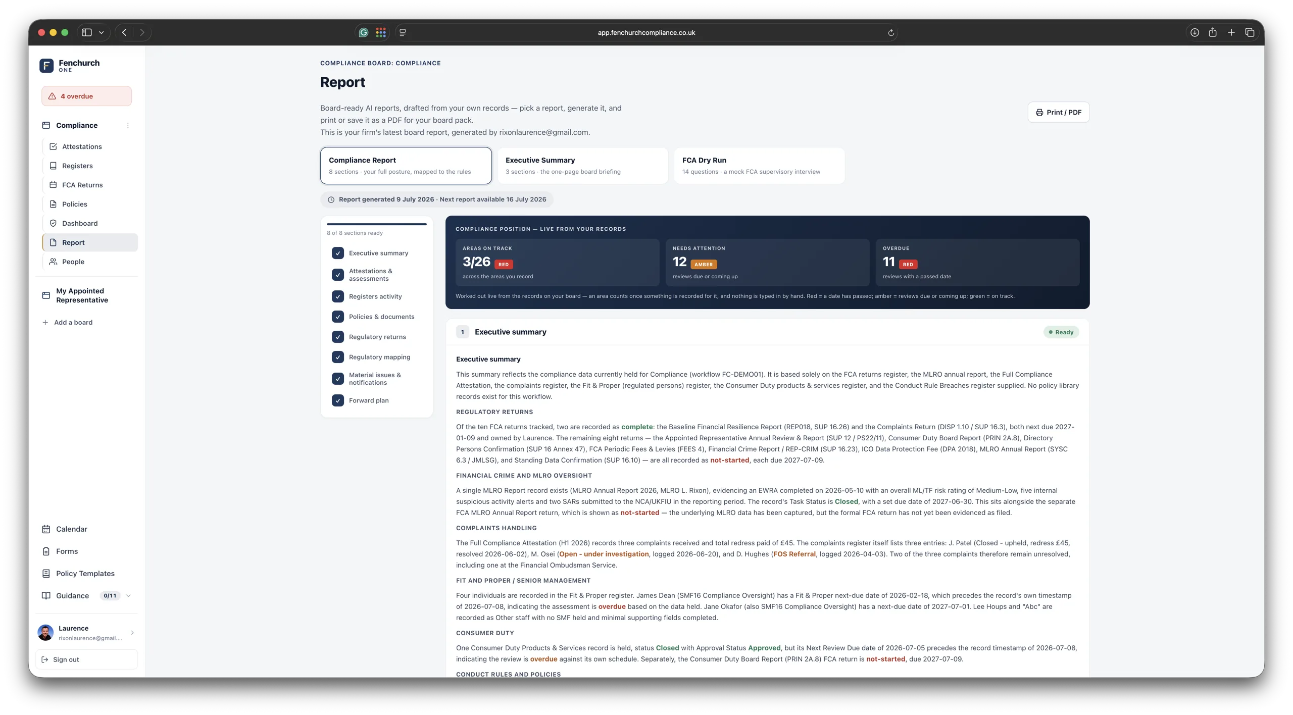 Board-ready AI report drafted from the firm's own records, mapped to the rules