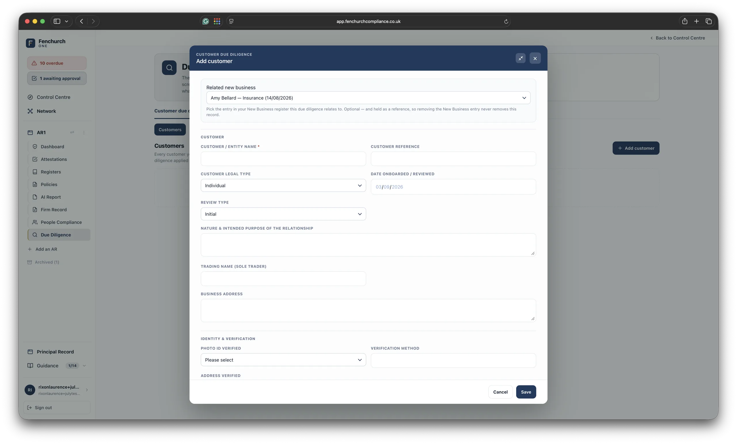 Customer due diligence record — identity, verification and the nature of the relationship, linked to the New Business entry