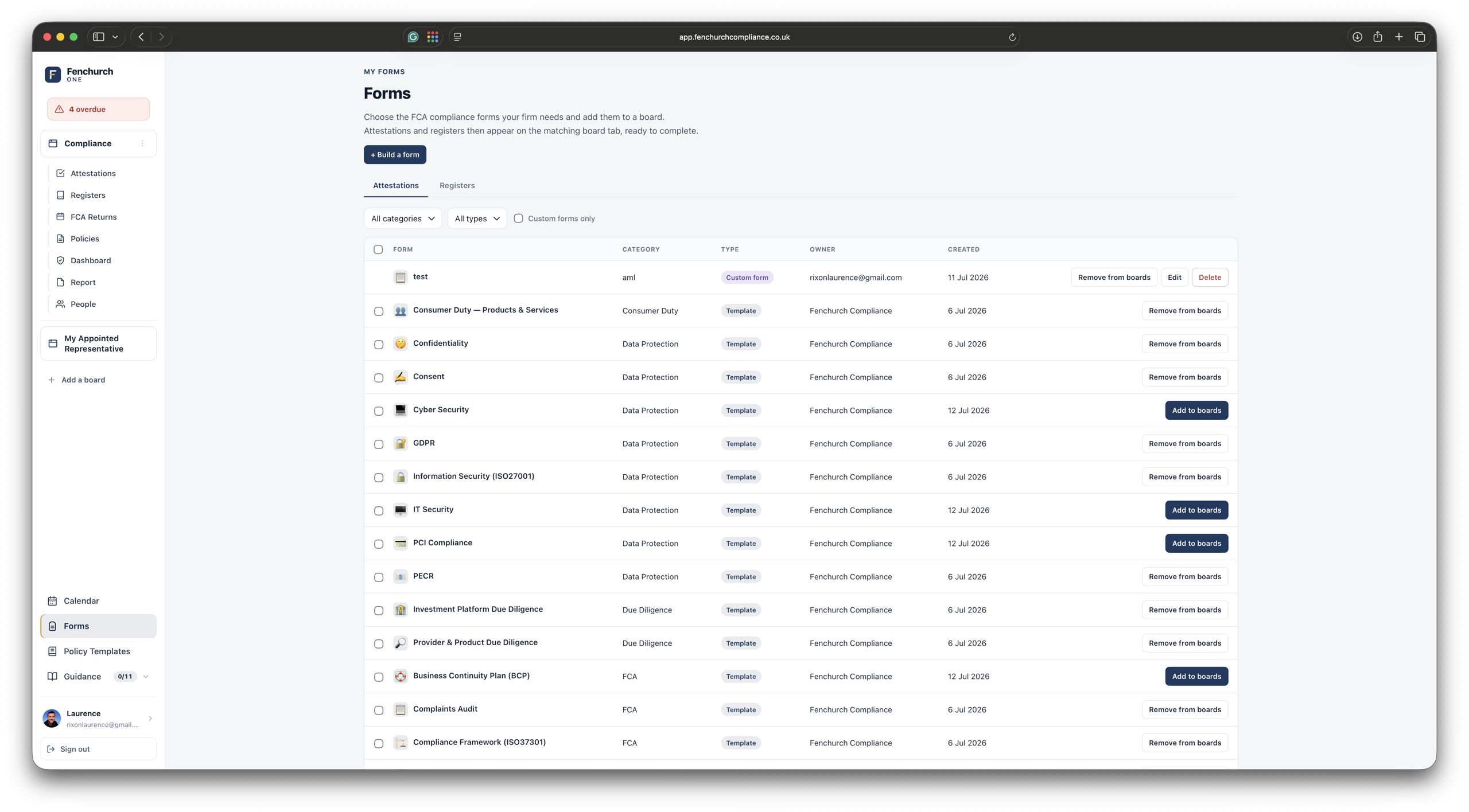Forms library — ready-made FCA attestation and register forms to add to your board