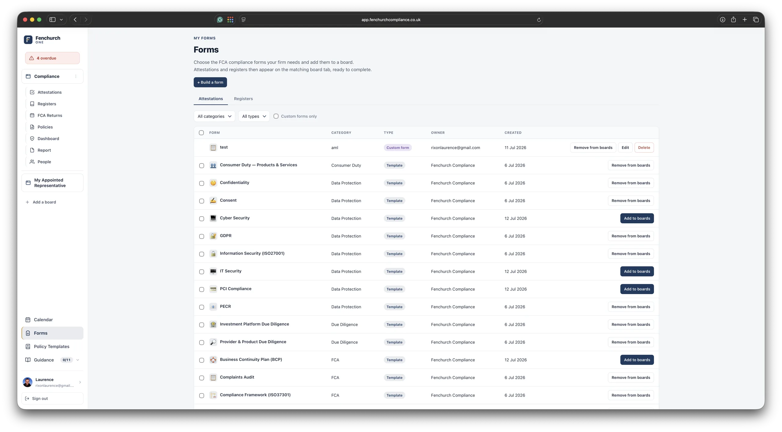 Forms library — ready-made FCA attestation and register forms to add to your board