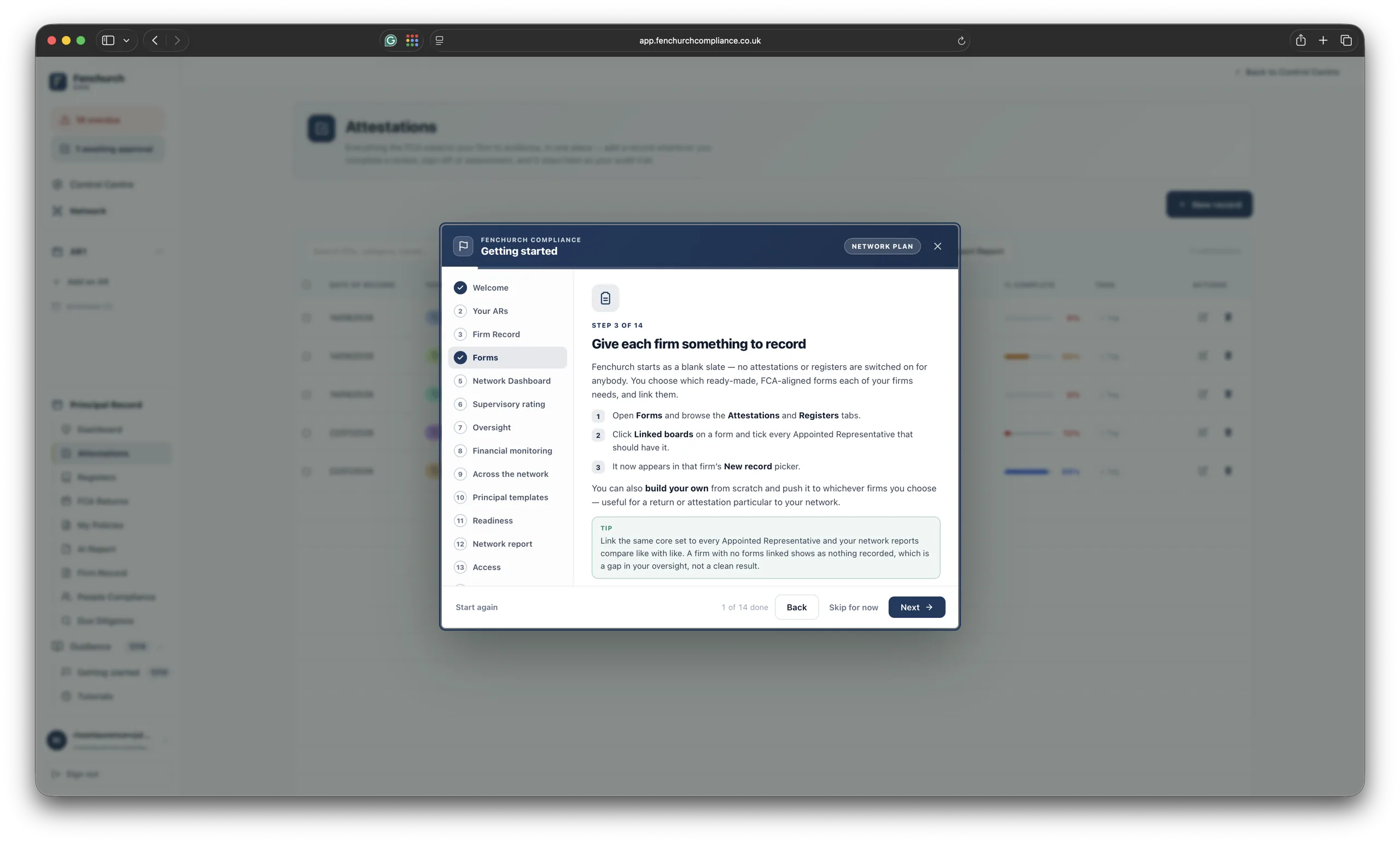 The Fenchurch One Network getting-started wizard — a guided walkthrough for principal firms, from adding your ARs to the network report