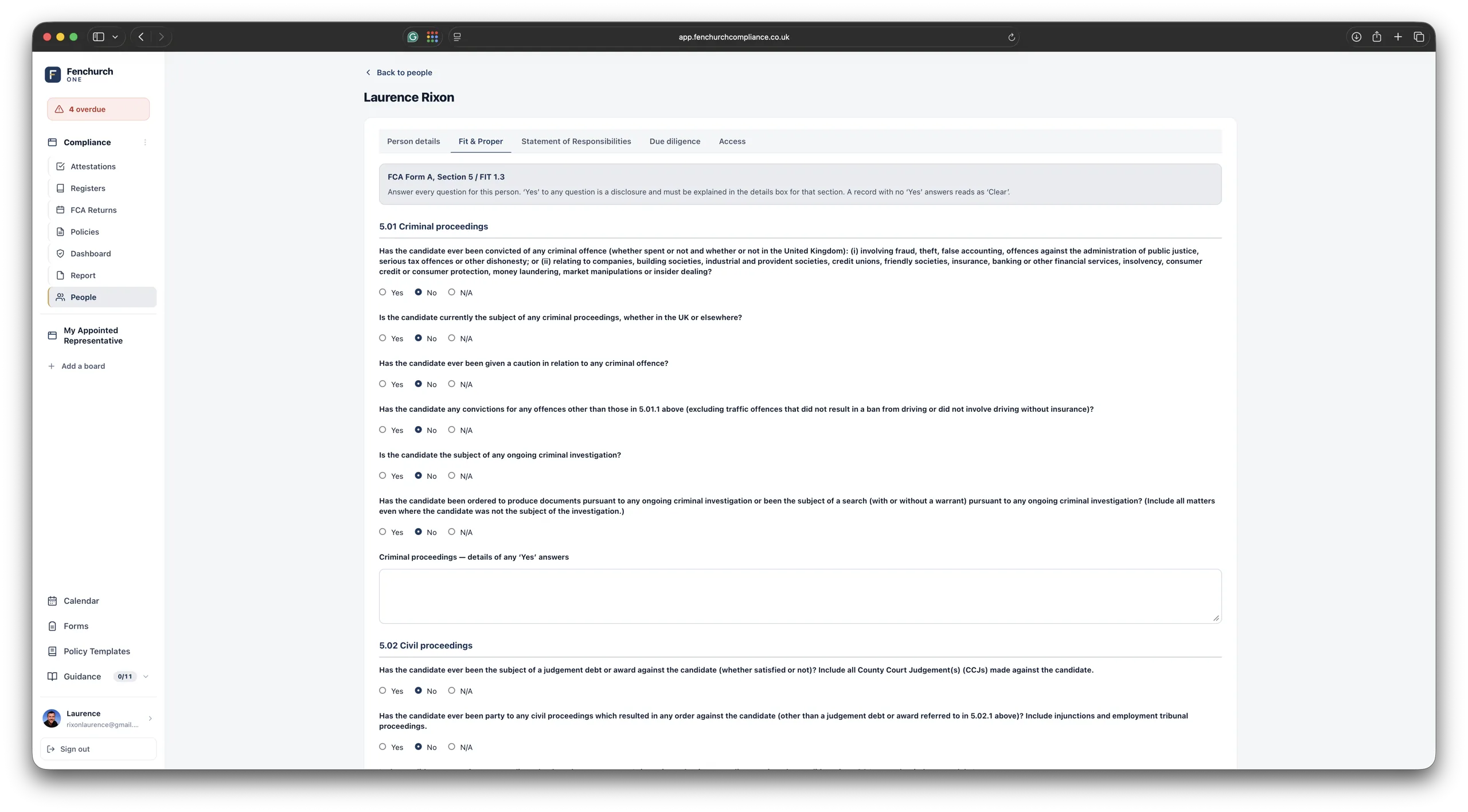 People compliance — Fit & Proper records, Statement of Responsibilities and due diligence per person