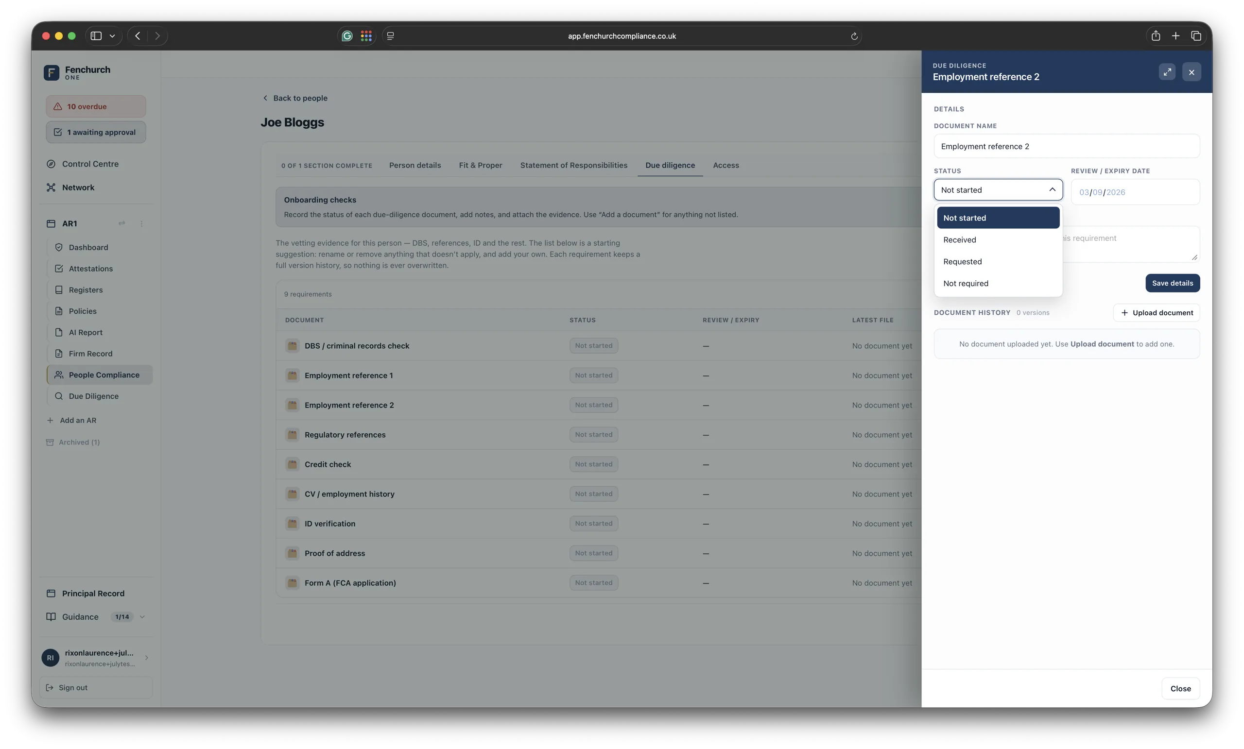 Onboarding due diligence per person — DBS, references, ID, credit check and Form A, each with a status, review date and document history