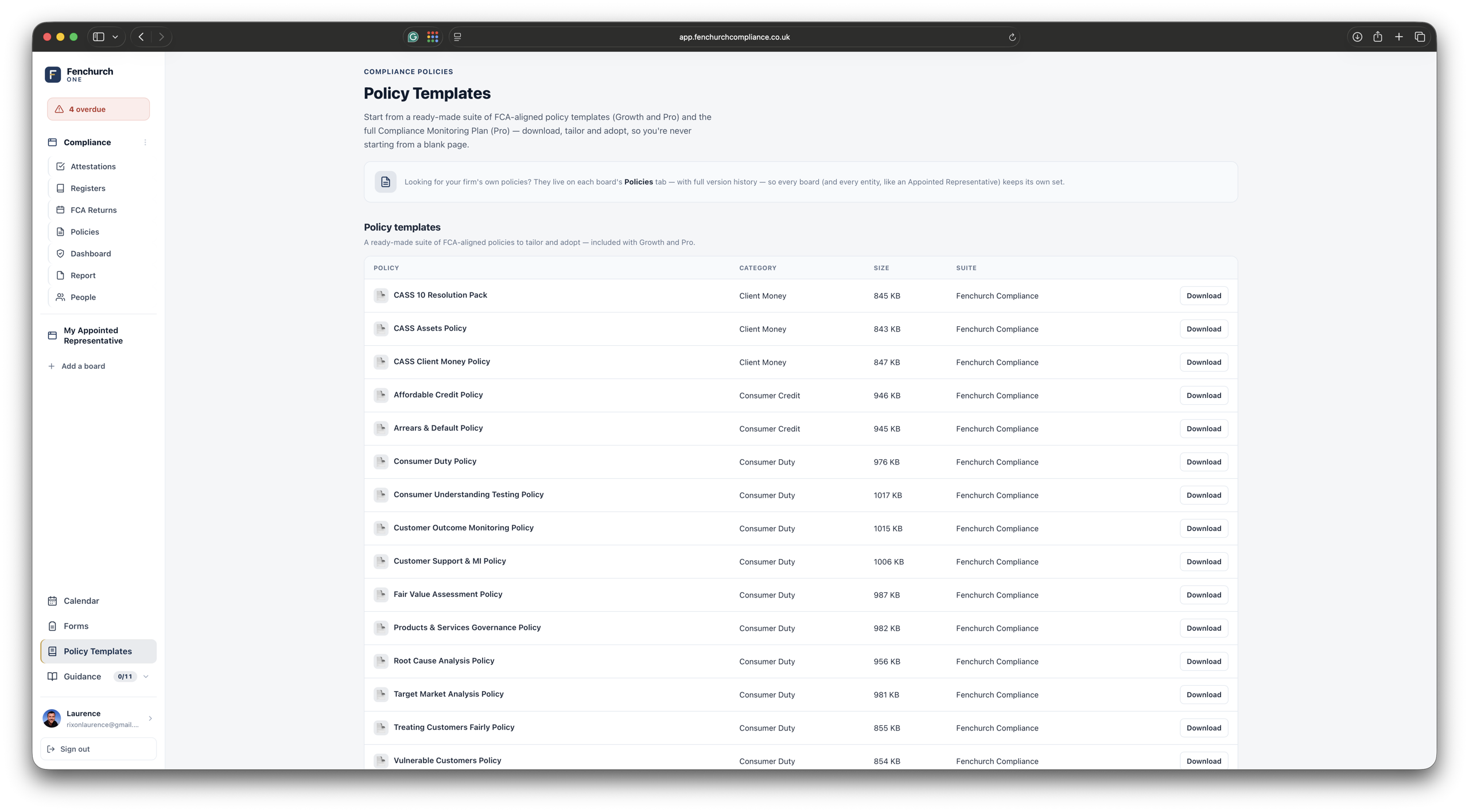 Policy library — each policy with its full version history, owner and review date