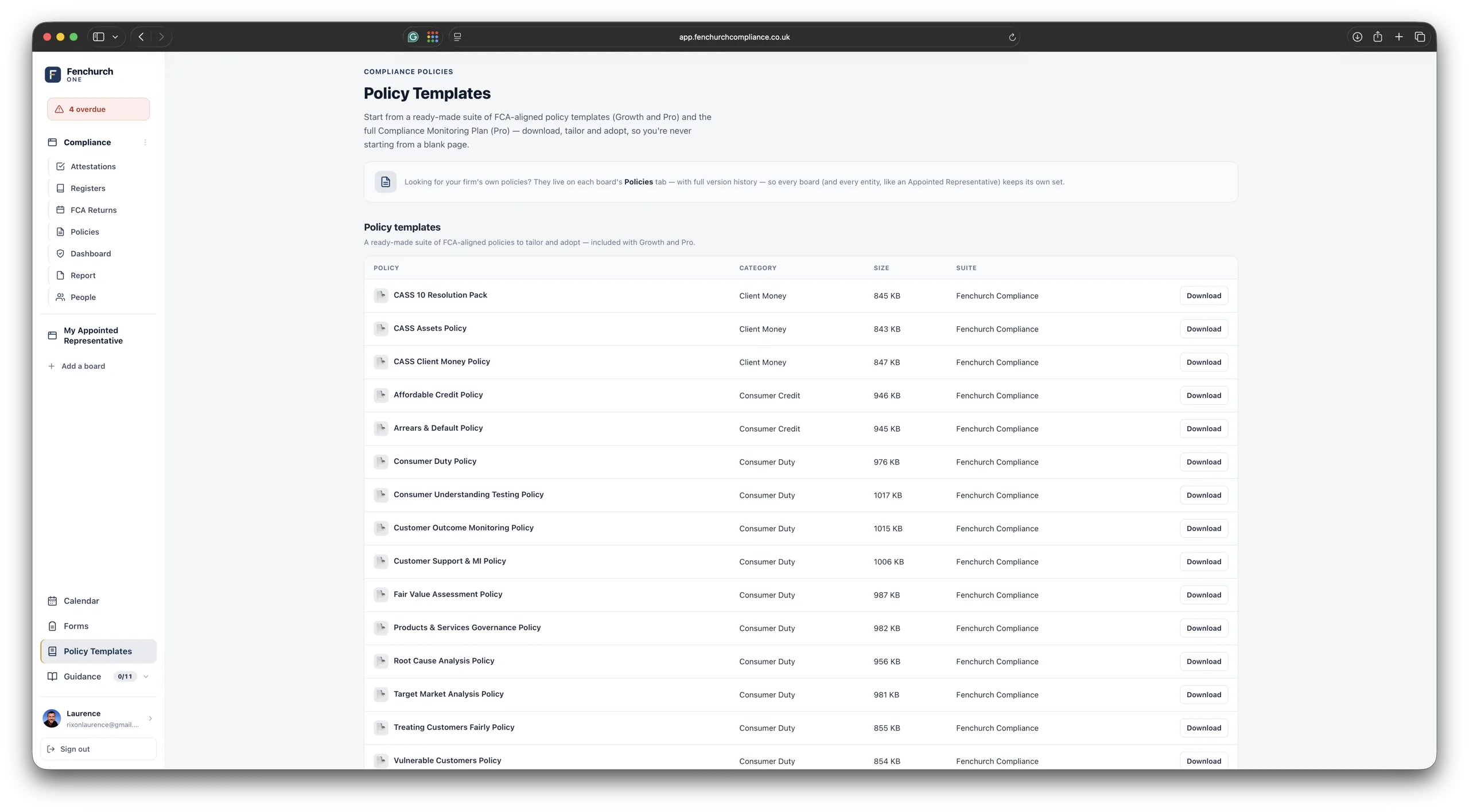 Policy library — each policy with its full version history, owner and review date