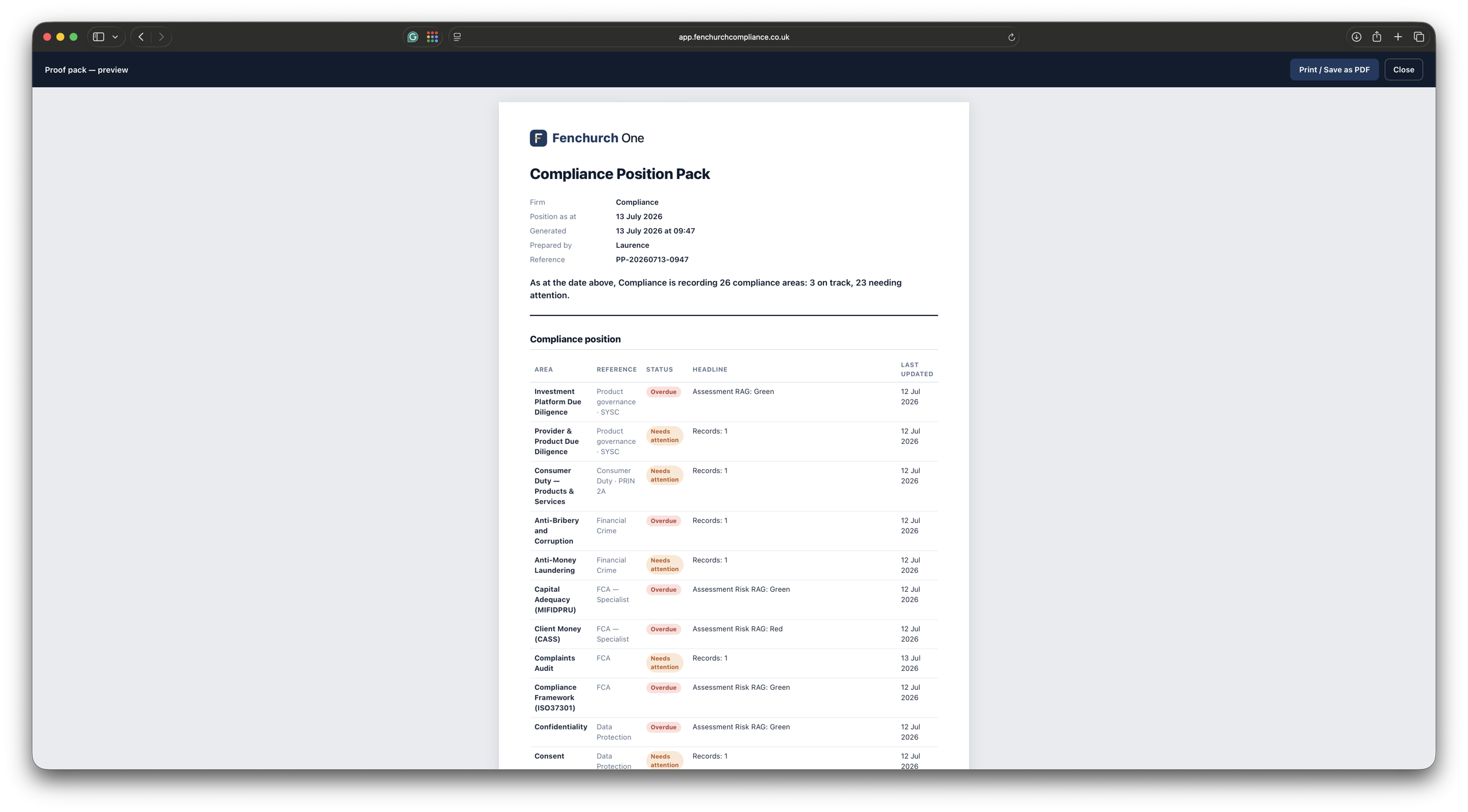 Proof pack — a branded, dated evidence bundle of your position and the records behind it