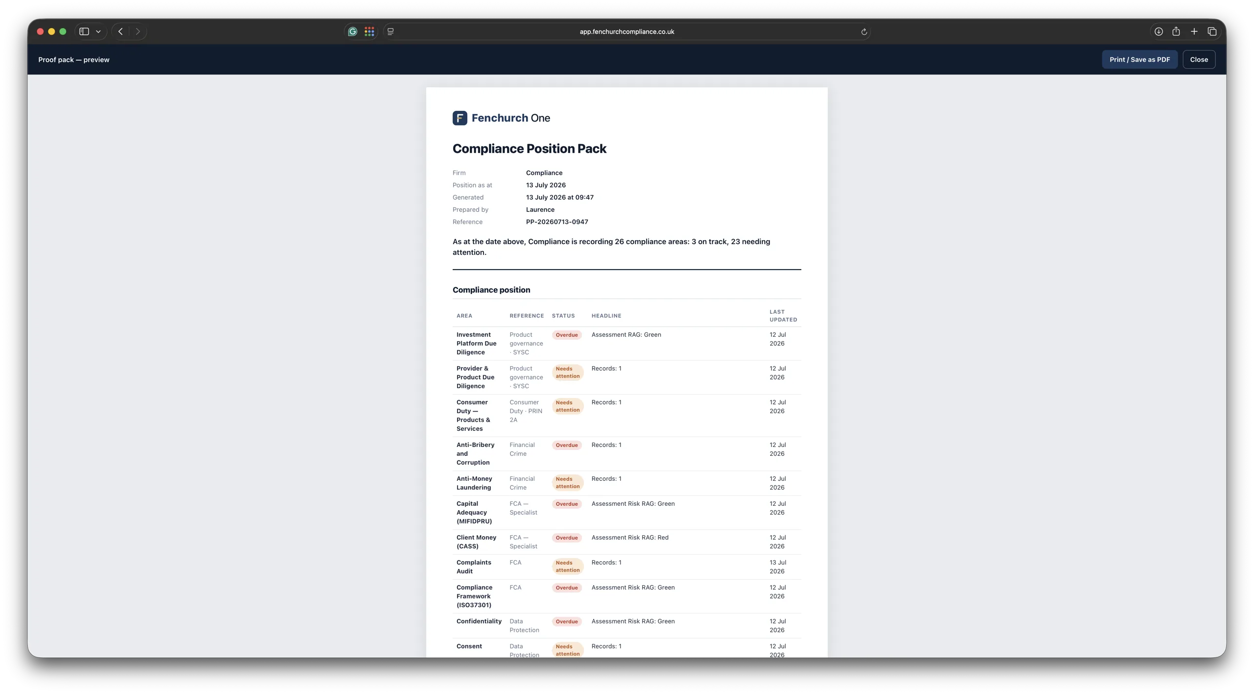 Proof pack — a branded, dated evidence bundle of your position and the records behind it