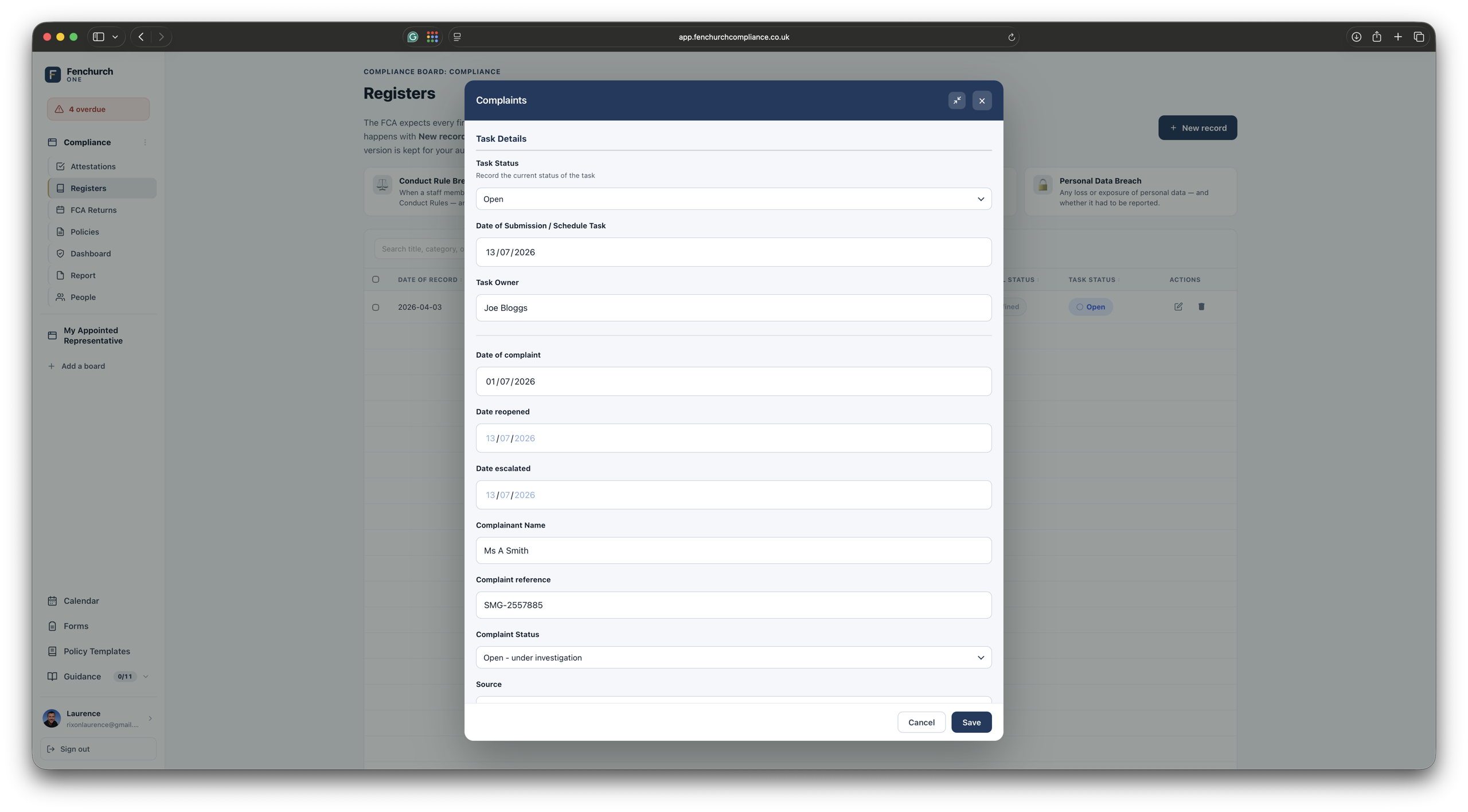Compliance registers — breaches, complaints, whistleblowing and data-subject requests