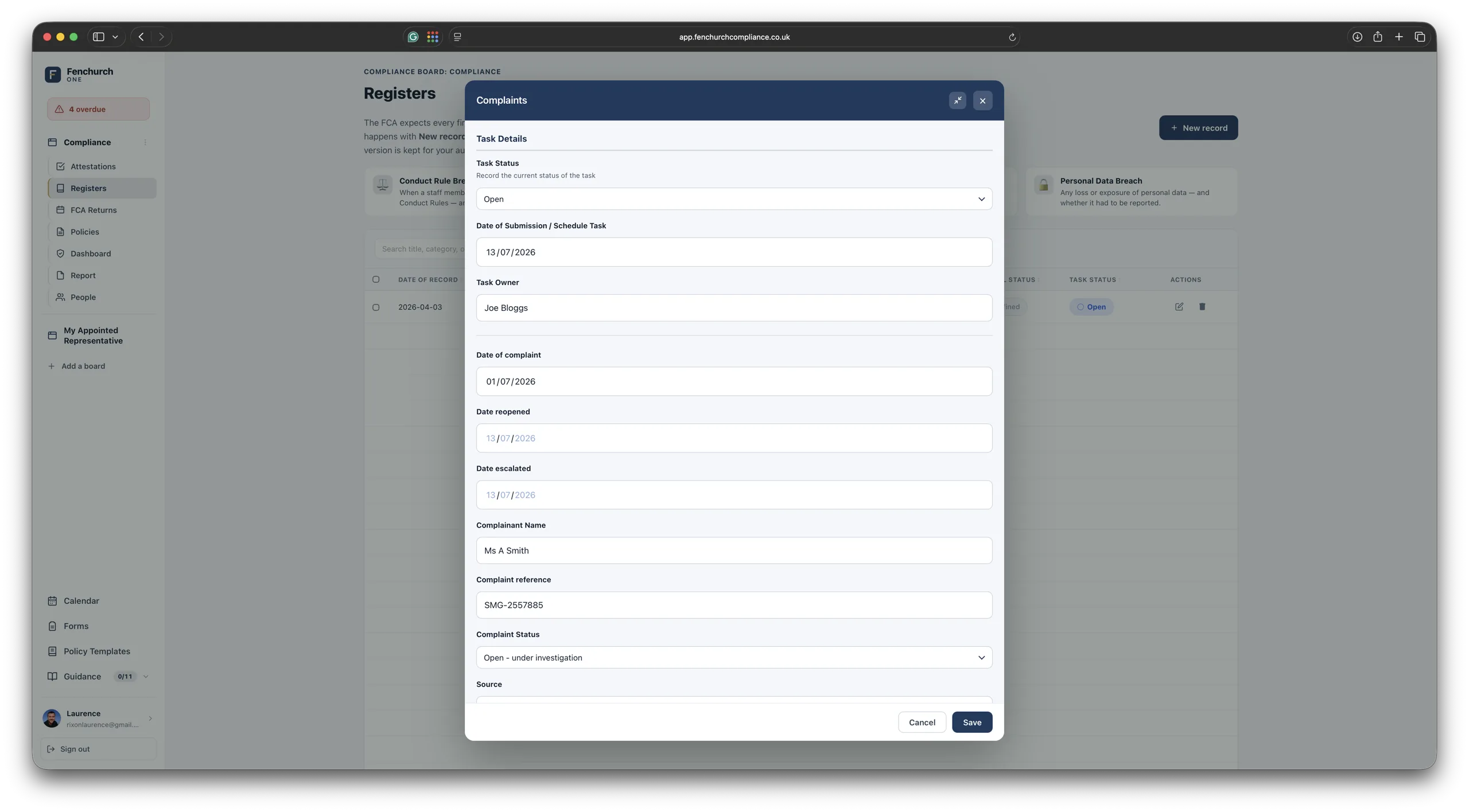 Compliance registers — breaches, complaints, whistleblowing and data-subject requests