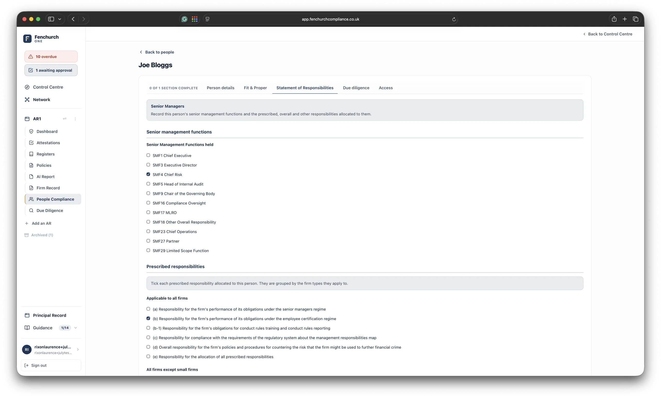 Statement of Responsibilities — senior management functions held and prescribed responsibilities allocated, per person